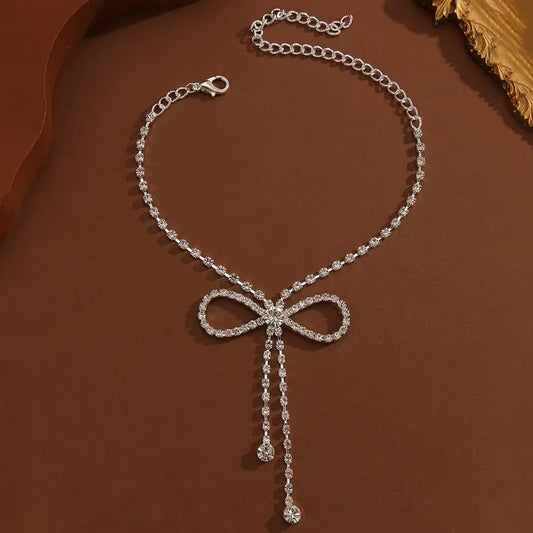 Sparkling Ribbon Tassel Anklet - Elegant Cubic Zirconia Jewelry for Women