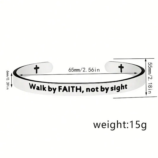 Scripture Cuff Bracelet - Stainless Steel Inspirational Cross Bangle