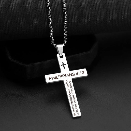 Christian Bible Verse Cross Pendant Necklace - Stainless Steel Scripture Jewelry