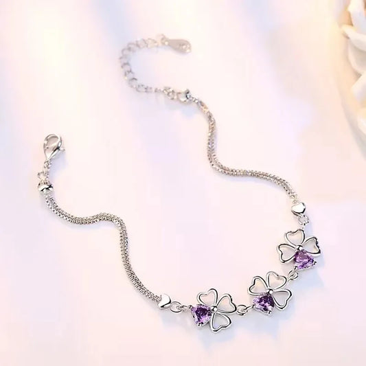 Sparkling Clover Bracelet - 925 Sterling Silver with Purple Crystal Accent