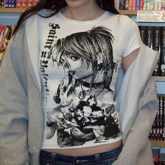 Anime-Inspired Vintage Crop T-Shirt - Y2K Aesthetic Streetwear for Women