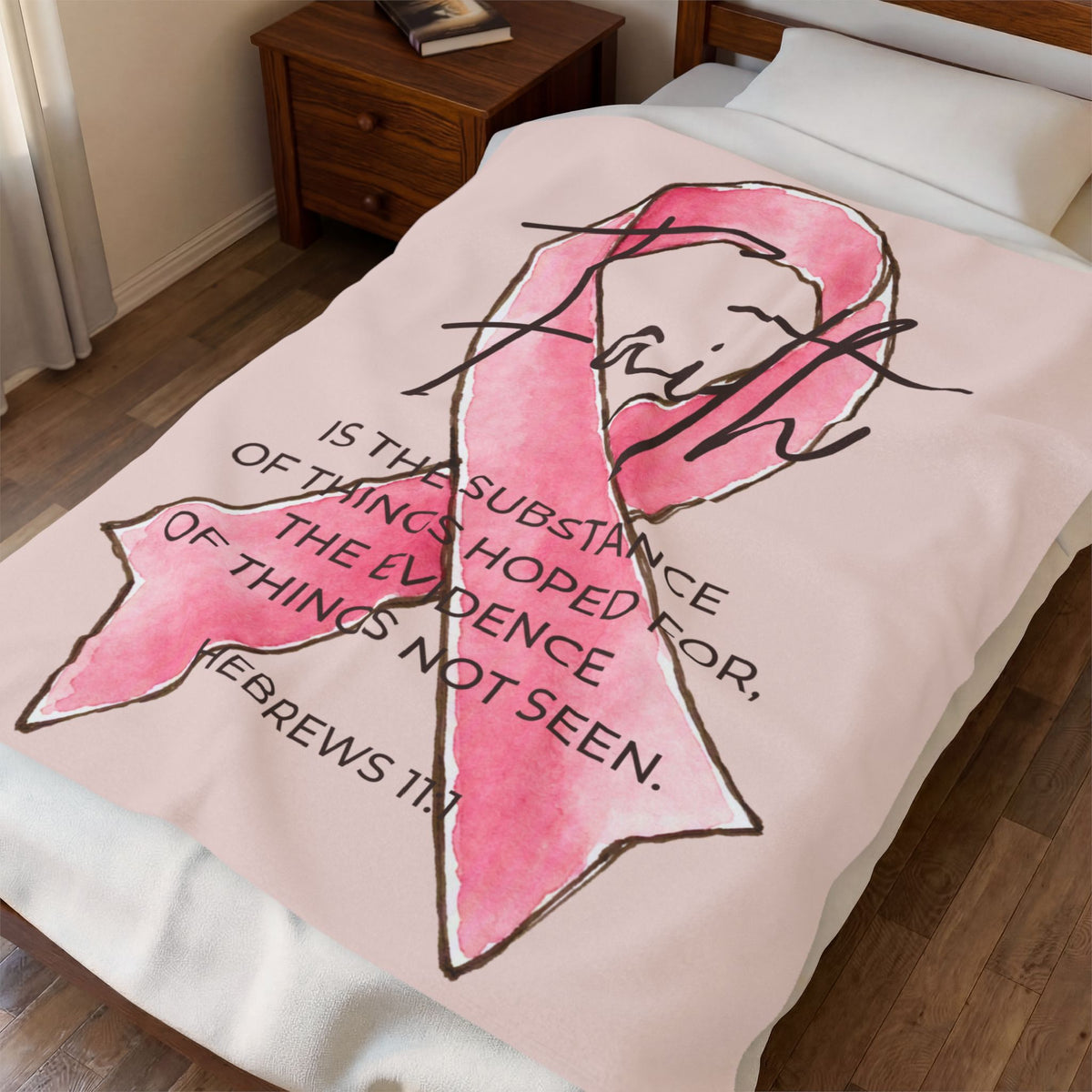 Faith Pink Ribbon Velveteen Plush Blanket | Hebrews 11:1 Breast Cancer Awareness Gift