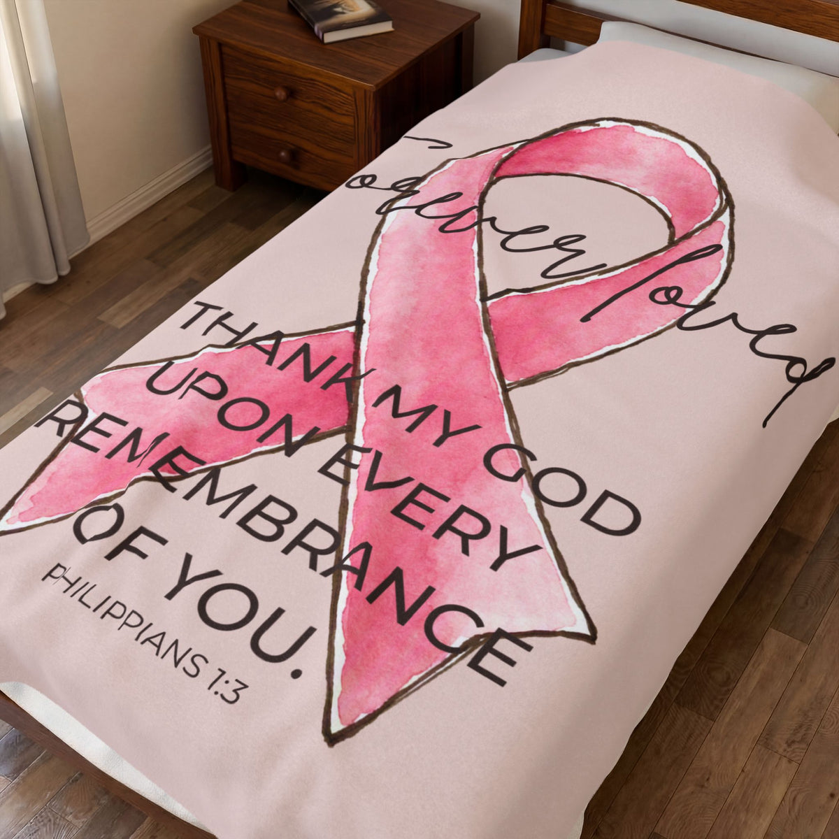 Forever Loved Velveteen Plush Blanket | Philippians 1:3 Pink Ribbon Memorial Gift
