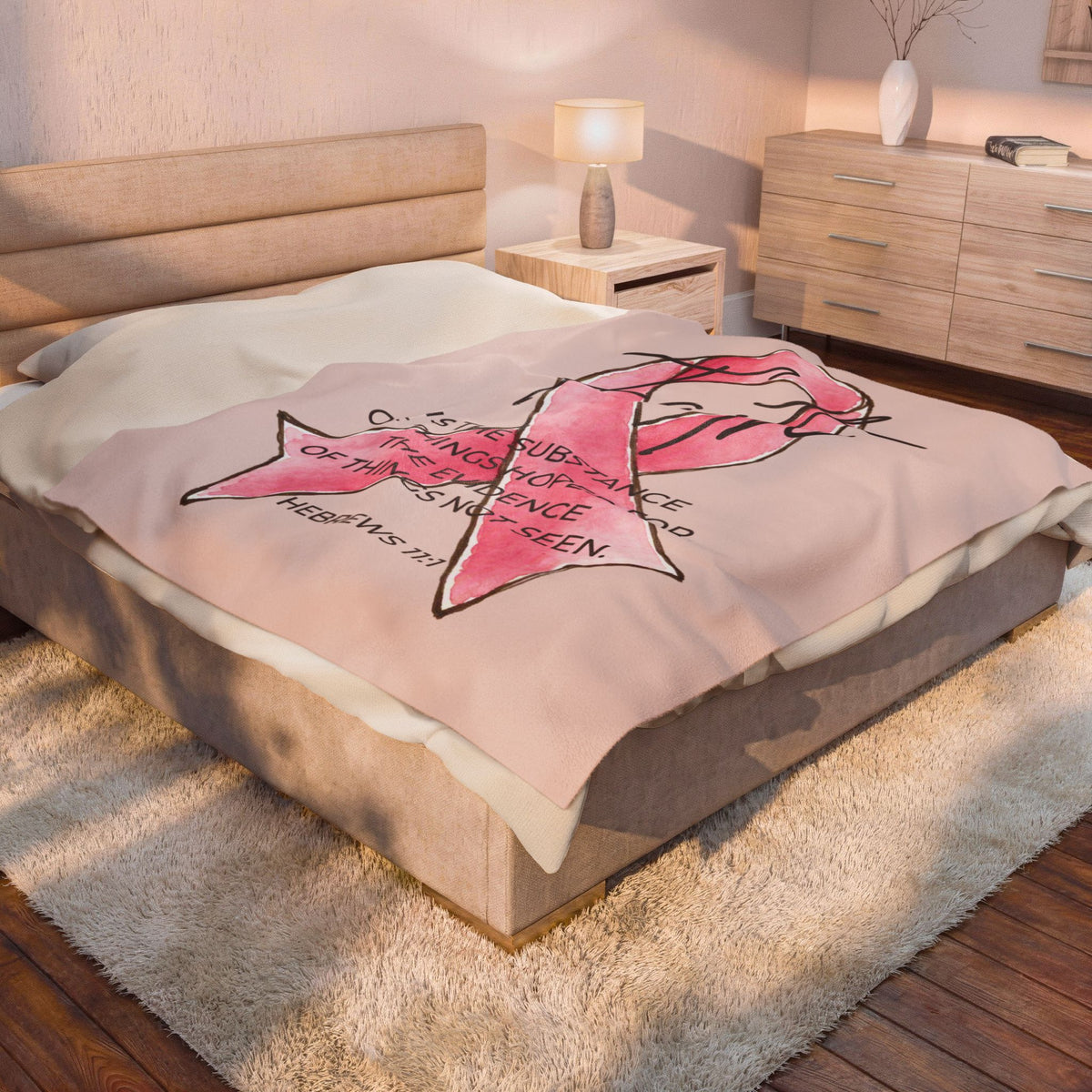 Faith Pink Ribbon Velveteen Plush Blanket | Hebrews 11:1 Breast Cancer Awareness Gift