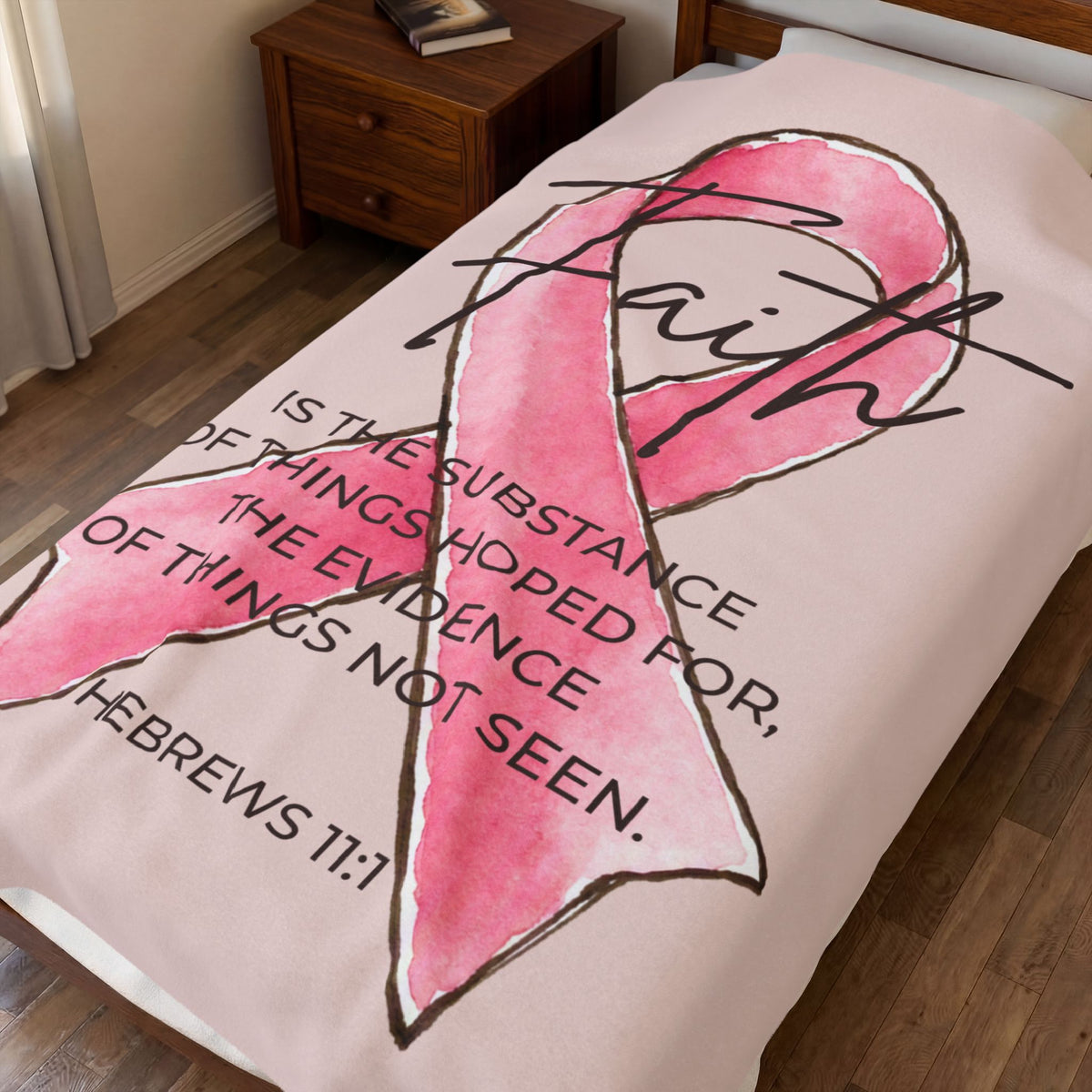Faith Pink Ribbon Velveteen Plush Blanket | Hebrews 11:1 Breast Cancer Awareness Gift