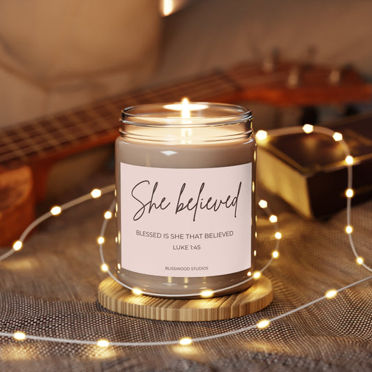 She Believed Scented Soy Candle | Luke 1:45 Christian Scripture Candle (9oz)