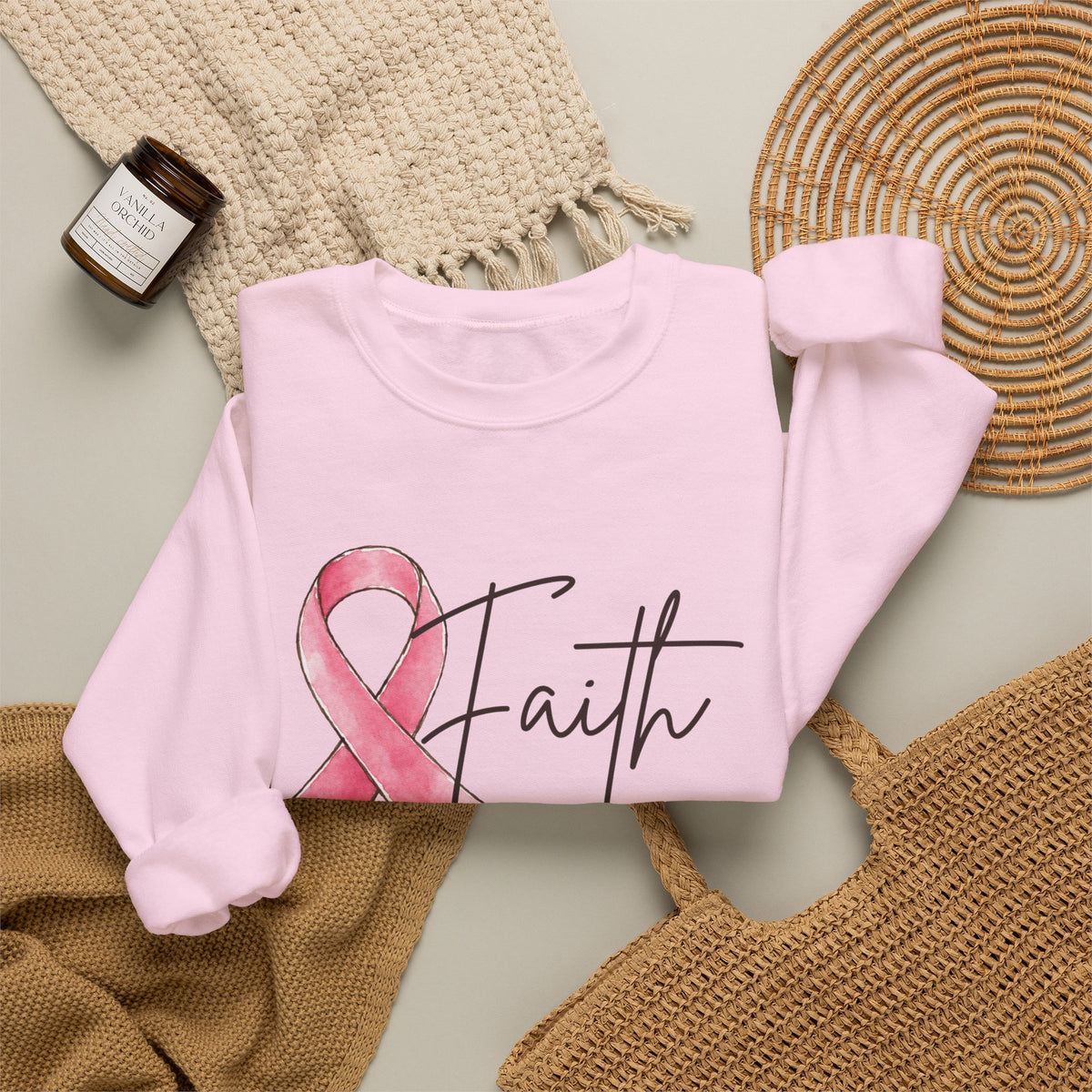 Faith Pink Ribbon Crewneck Sweatshirt | Hebrews 11:1 Breast Cancer Awareness