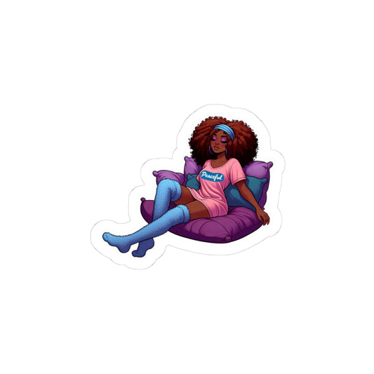 Relaxing Girl Sticker — Afro Woman Lounging on Pillow Kiss-Cut Sticker