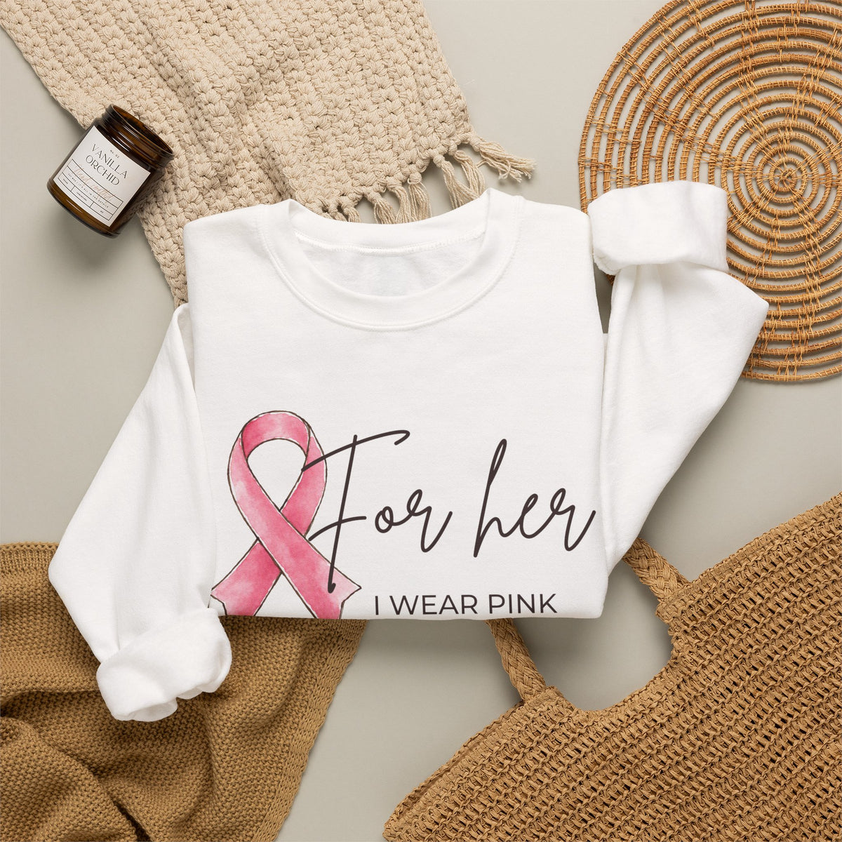 "For Her I Wear Pink" Crewneck Sweatshirt | Breast Cancer Awareness Pink Ribbon
