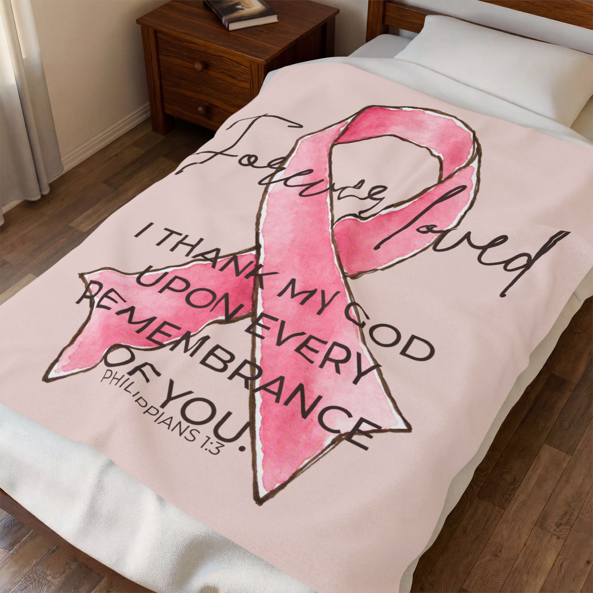 Forever Loved Velveteen Plush Blanket | Philippians 1:3 Pink Ribbon Memorial Gift