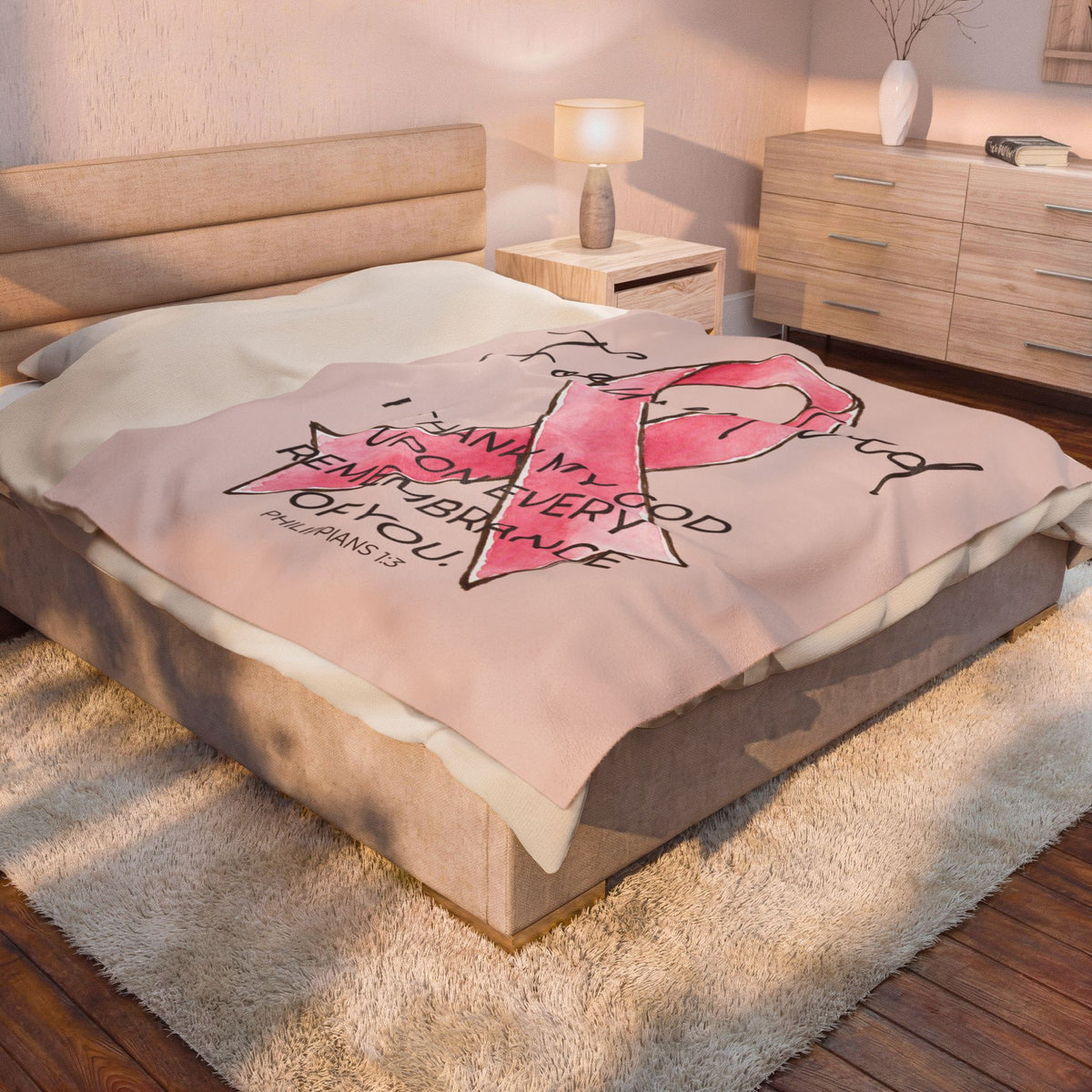Forever Loved Velveteen Plush Blanket | Philippians 1:3 Pink Ribbon Memorial Gift