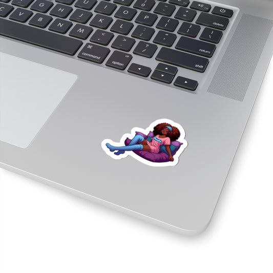 Relaxing Girl Sticker — Afro Woman Lounging on Pillow Kiss-Cut Sticker