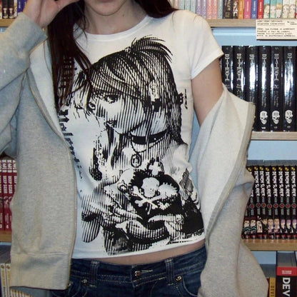 Anime-Inspired Vintage Crop T-Shirt - Y2K Aesthetic Streetwear for Women
