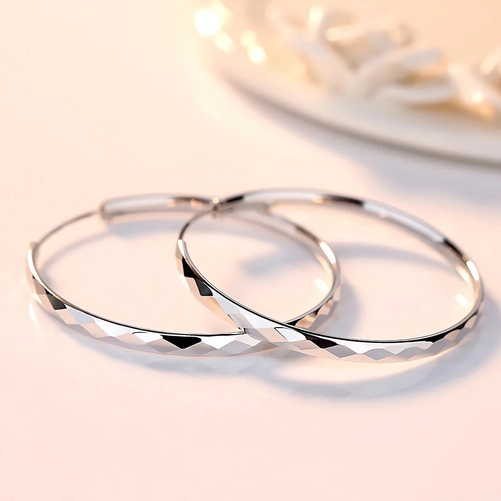 Kaleidoscope Texture Sterling Silver Hoop Earrings - Intricate Embossed Detail