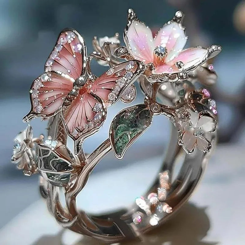 Whimsical Floral Butterfly Ring - Adjustable Rhinestone Statement Jewelry for Women