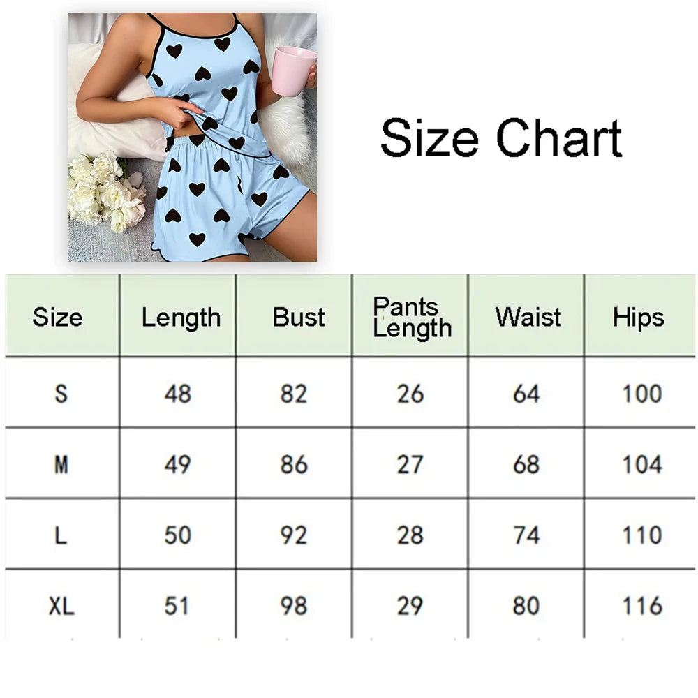 Charming Heart Print Pajama Set - Spaghetti Strap Women's Sleepwear