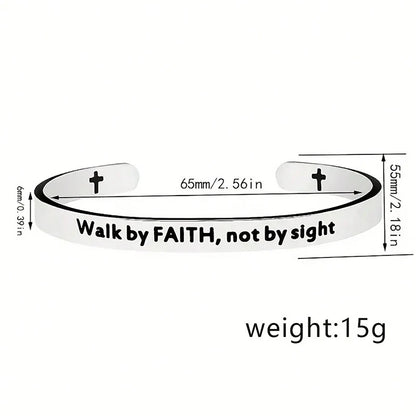 Scripture Cuff Bracelet - Stainless Steel Inspirational Cross Bangle