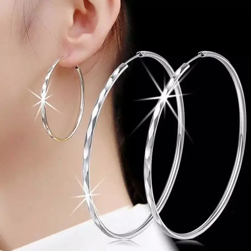 Kaleidoscope Texture Sterling Silver Hoop Earrings - Intricate Embossed Detail