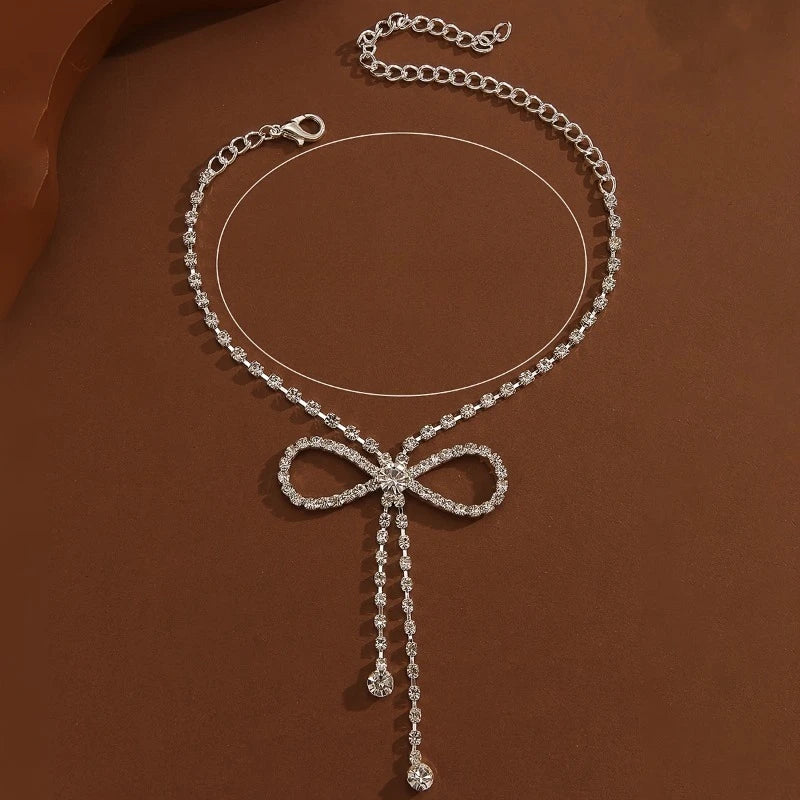 Sparkling Ribbon Tassel Anklet - Elegant Cubic Zirconia Jewelry for Women