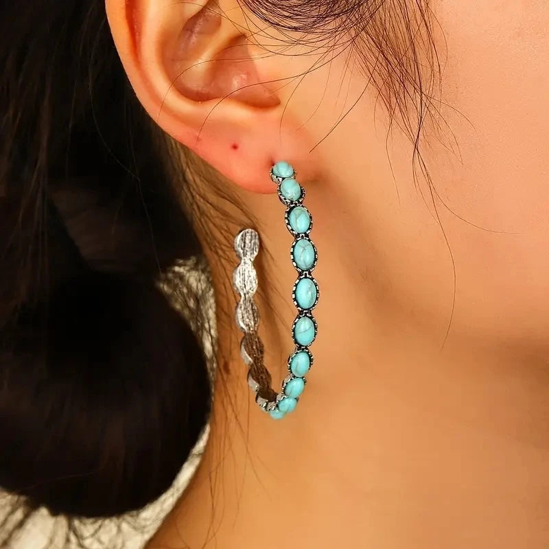 Western Bohemian C-Shaped Hoop Earrings - Vintage-Inspired Simulated Turquoise Jewelry