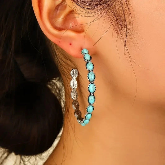 Western Bohemian C-Shaped Hoop Earrings - Vintage-Inspired Simulated Turquoise Jewelry