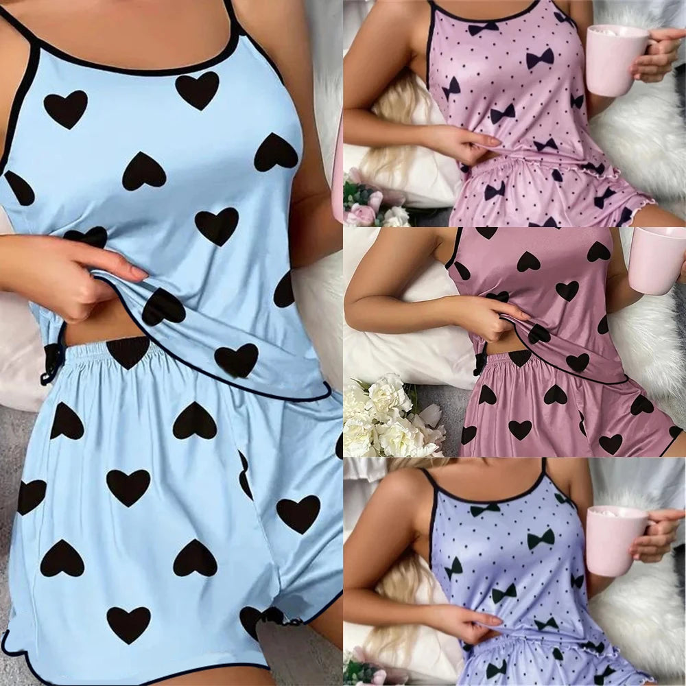 Charming Heart Print Pajama Set - Spaghetti Strap Women's Sleepwear