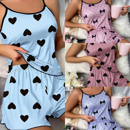 Charming Heart Print Pajama Set - Spaghetti Strap Women's Sleepwear