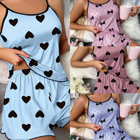 Charming Heart Print Pajama Set - Spaghetti Strap Women's Sleepwear