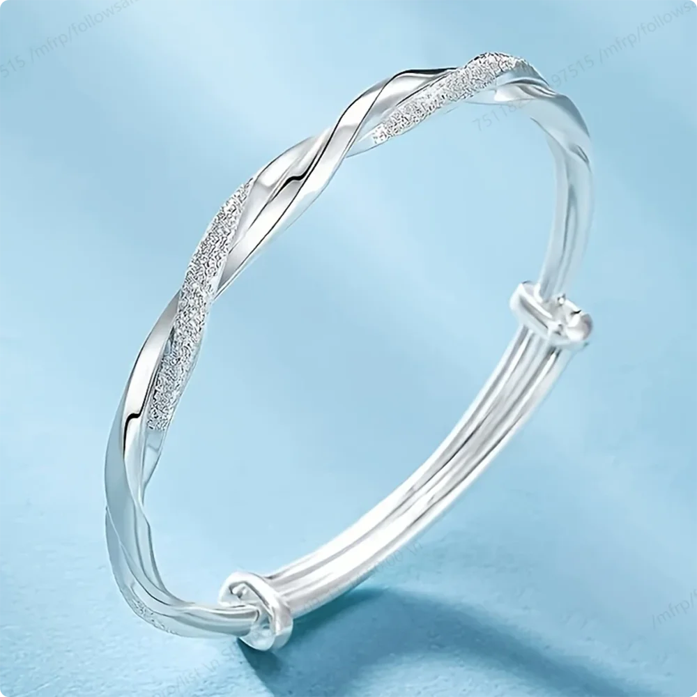 Delicate Twisted Silver Bangle - Adjustable 925 Sterling Silver Bracelet for Women