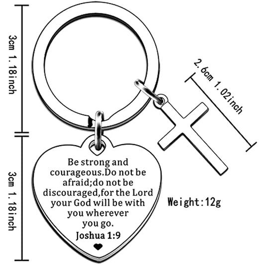 Be Strong and Courageous Inspirational Keychain - Heart Pendant with Cross Charm