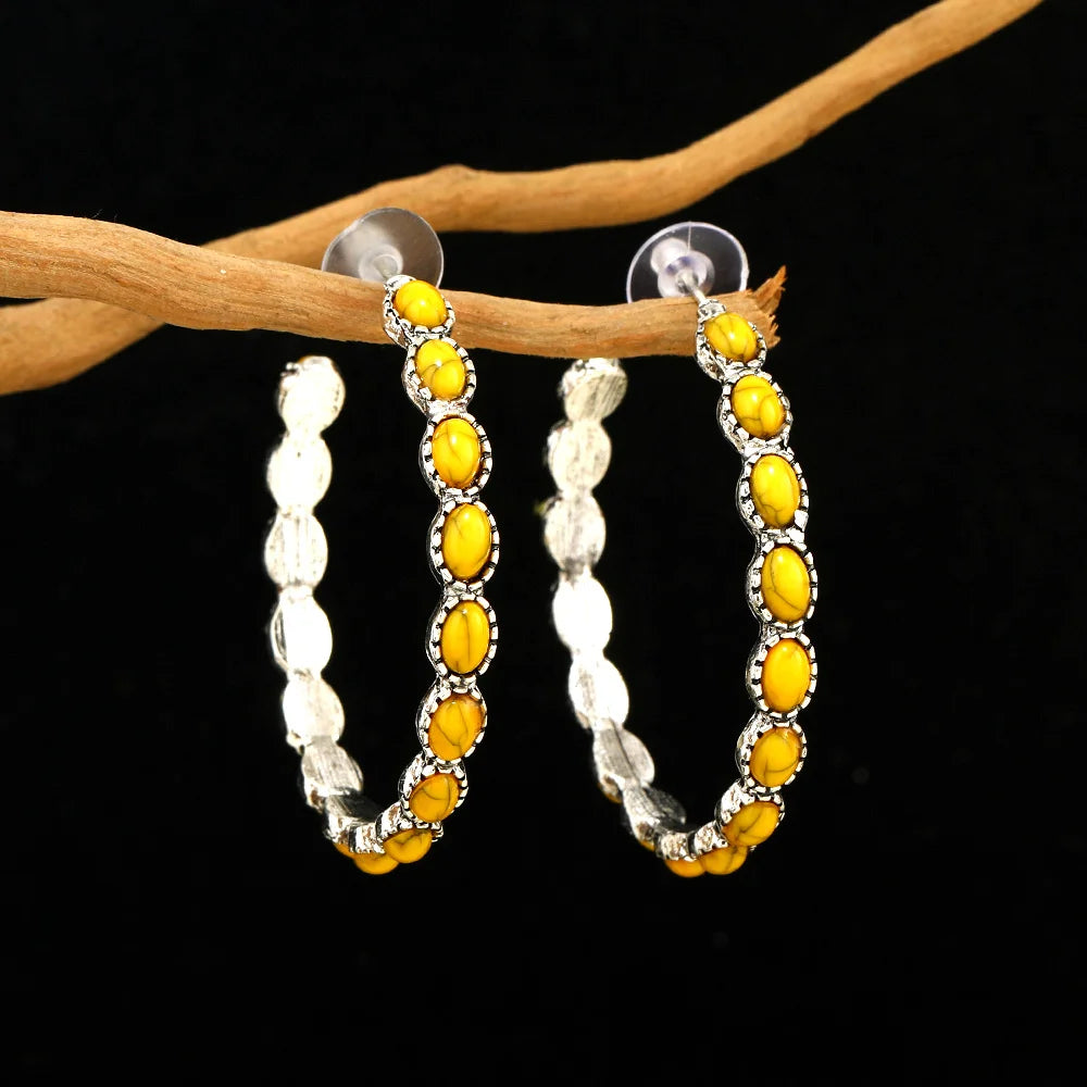 Western Bohemian C-Shaped Hoop Earrings - Vintage-Inspired Simulated Turquoise Jewelry