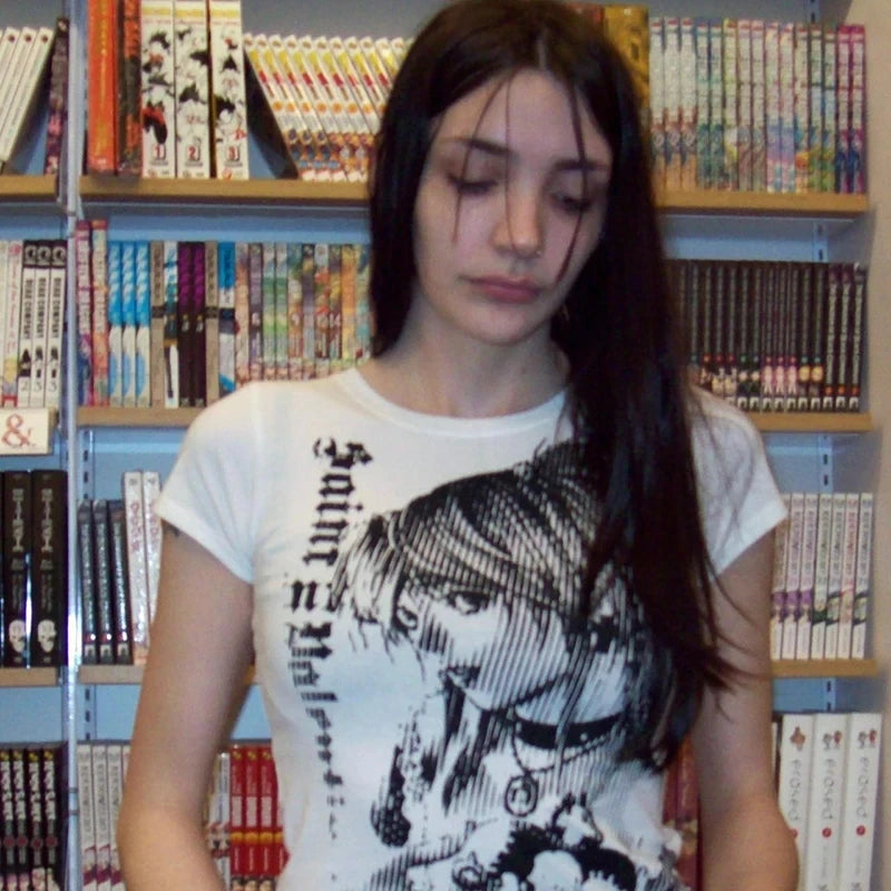 Anime-Inspired Vintage Crop T-Shirt - Y2K Aesthetic Streetwear for Women