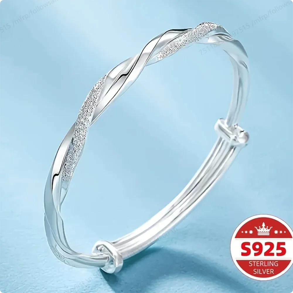 Delicate Twisted Silver Bangle - Adjustable 925 Sterling Silver Bracelet for Women