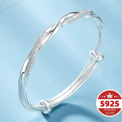 Delicate Twisted Silver Bangle - Adjustable 925 Sterling Silver Bracelet for Women