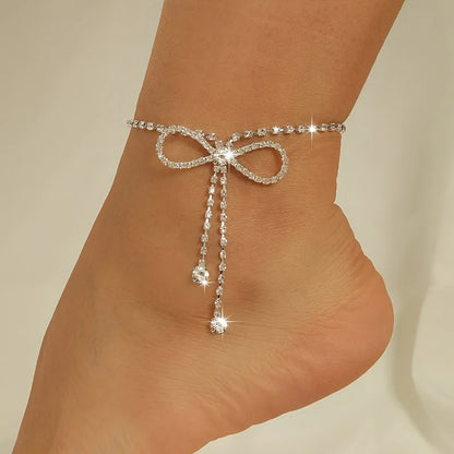 Sparkling Ribbon Tassel Anklet - Elegant Cubic Zirconia Jewelry for Women