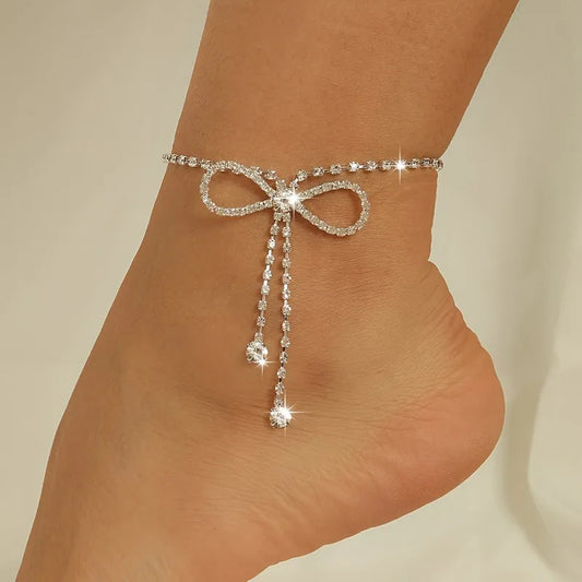 Sparkling Ribbon Tassel Anklet - Elegant Cubic Zirconia Jewelry for Women