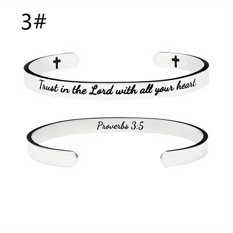 Scripture Cuff Bracelet - Stainless Steel Inspirational Cross Bangle