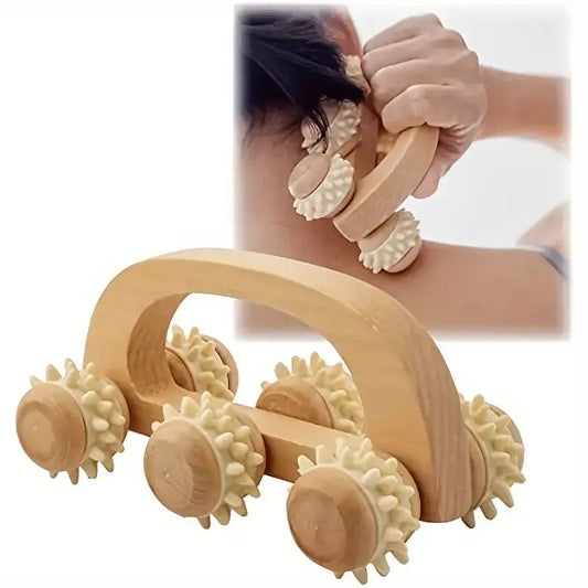Ergonomic Wooden Massage Roller with Silicone Spikes - Full Body Deep Tissue Massager