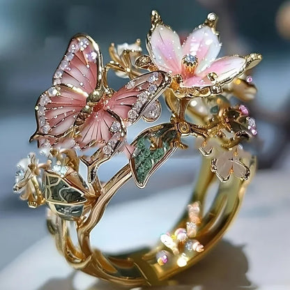 Whimsical Floral Butterfly Ring - Adjustable Rhinestone Statement Jewelry for Women