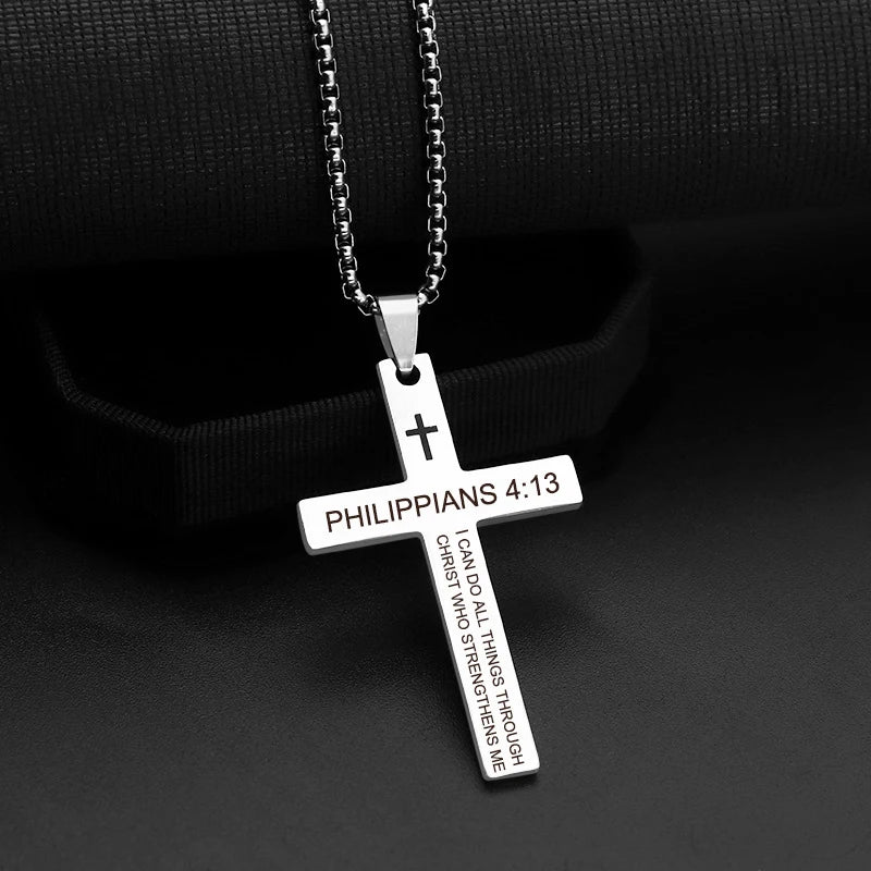 Christian Bible Verse Cross Pendant Necklace - Stainless Steel Scripture Jewelry