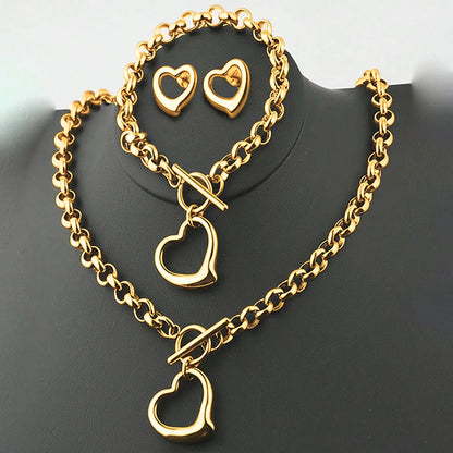Exquisite Charm Jewelry Set - Heart Necklace, Bracelet & Earrings in Gold and Silver