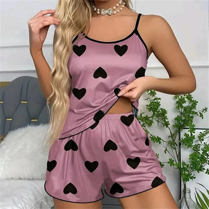 Charming Heart Print Pajama Set - Spaghetti Strap Women's Sleepwear