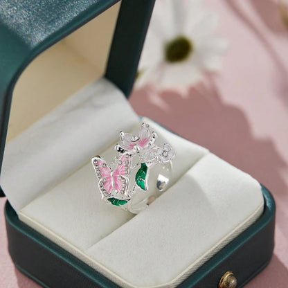 Whimsical Floral Butterfly Ring - Adjustable Rhinestone Statement Jewelry for Women
