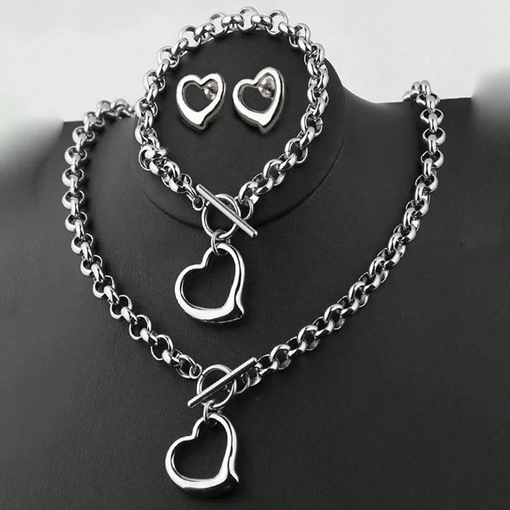 Exquisite Charm Jewelry Set - Heart Necklace, Bracelet & Earrings in Gold and Silver