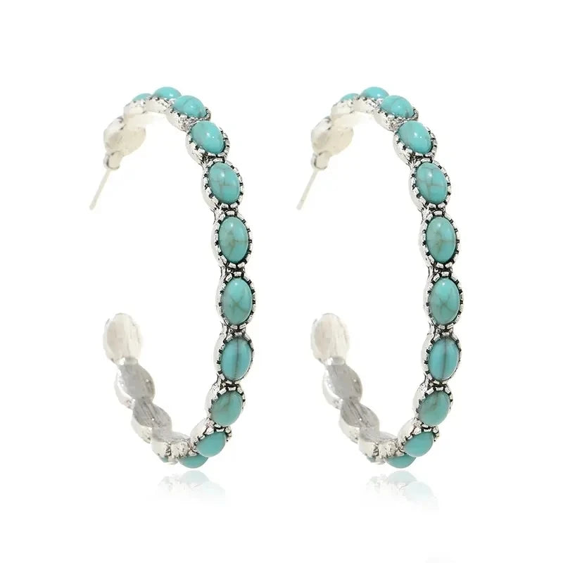 Western Bohemian C-Shaped Hoop Earrings - Vintage-Inspired Simulated Turquoise Jewelry