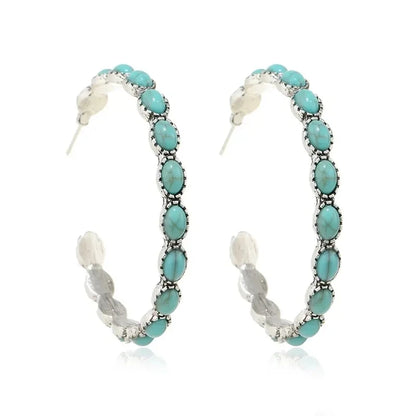 Western Bohemian C-Shaped Hoop Earrings - Vintage-Inspired Simulated Turquoise Jewelry
