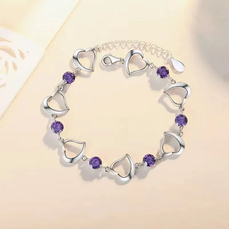 Sparkling Clover Bracelet - 925 Sterling Silver with Purple Crystal Accent