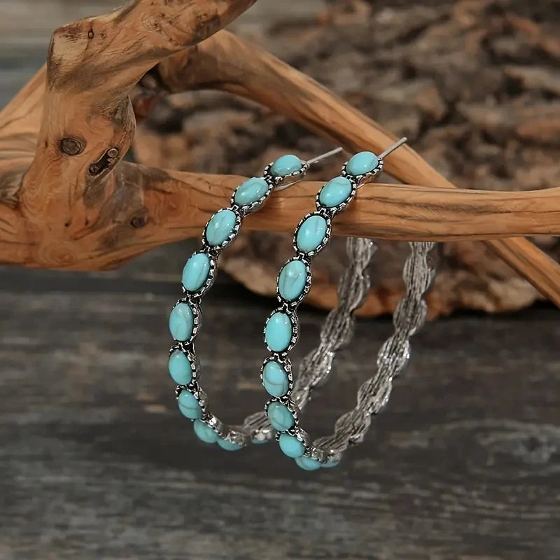 Western Bohemian C-Shaped Hoop Earrings - Vintage-Inspired Simulated Turquoise Jewelry