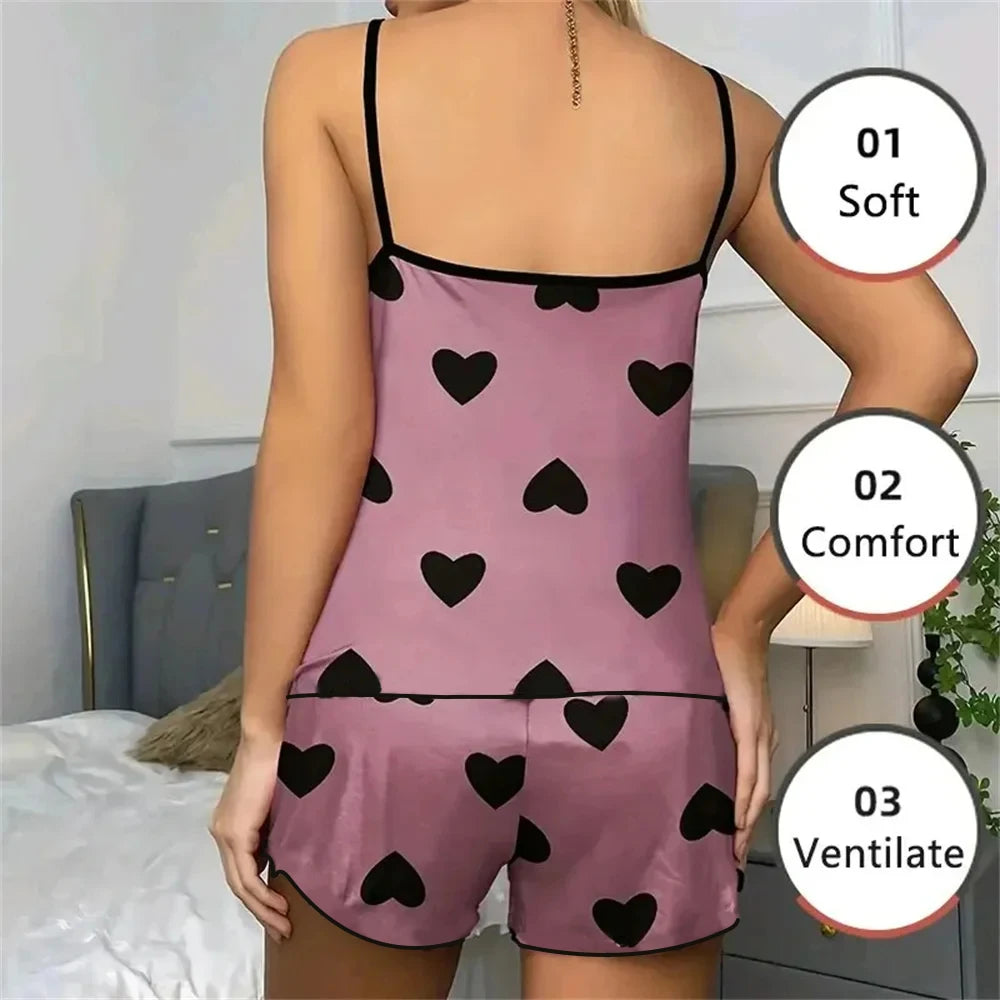 Charming Heart Print Pajama Set - Spaghetti Strap Women's Sleepwear
