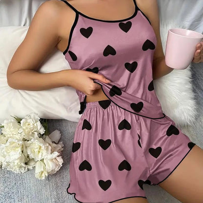 Charming Heart Print Pajama Set - Spaghetti Strap Women's Sleepwear